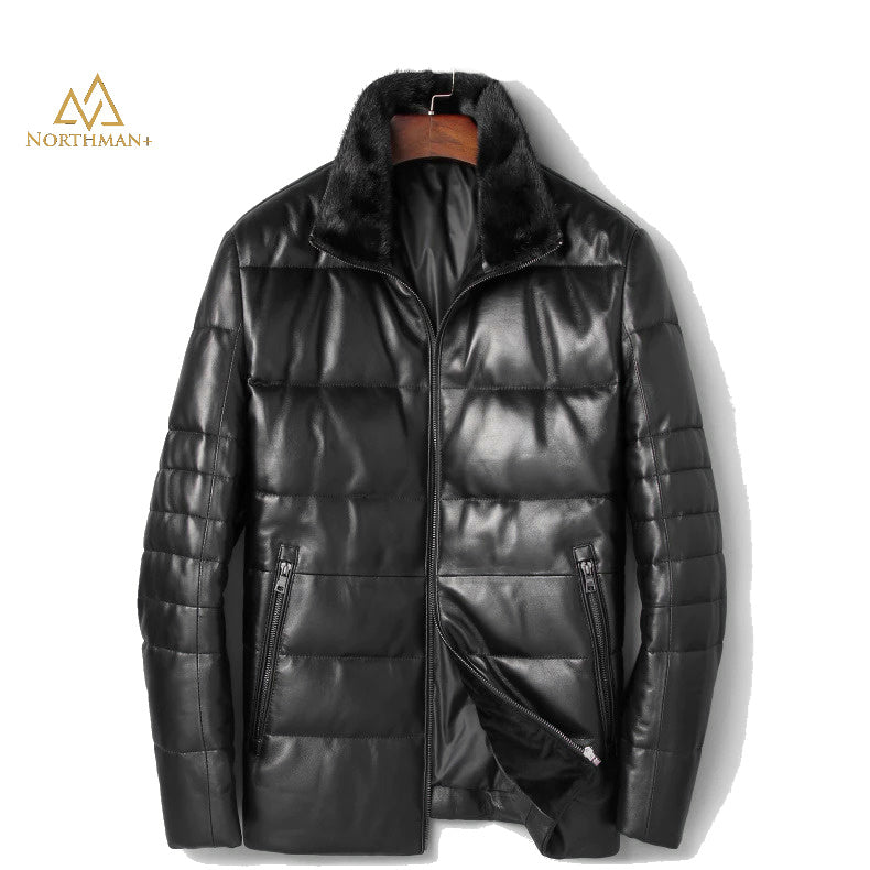 Fashion men's lambskin leather down jacket 100% polyester removable hooded leather  jacket