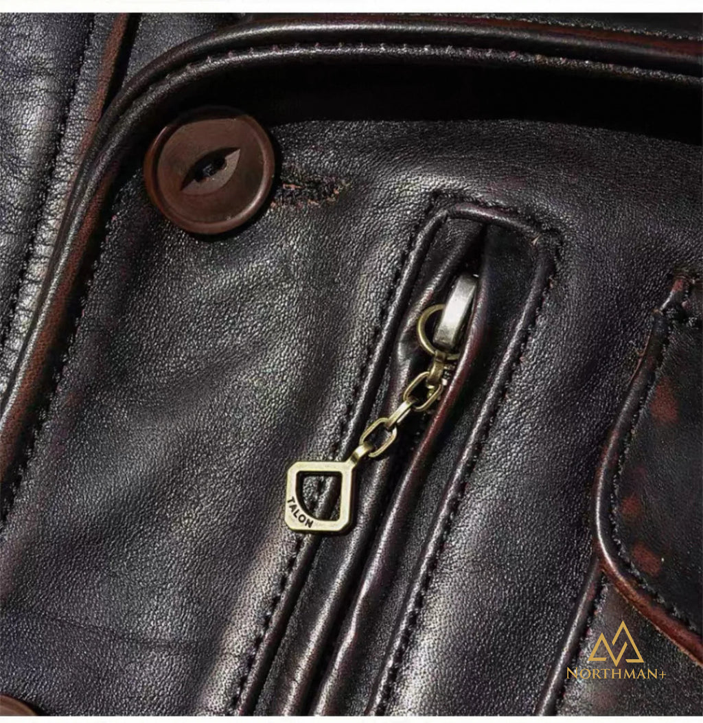 Veste en cuir véritable pour hommes en cuir de veau rétro américain classique des années 1940, à revers, en cuir de veau vieilli lavé "Tea Core"