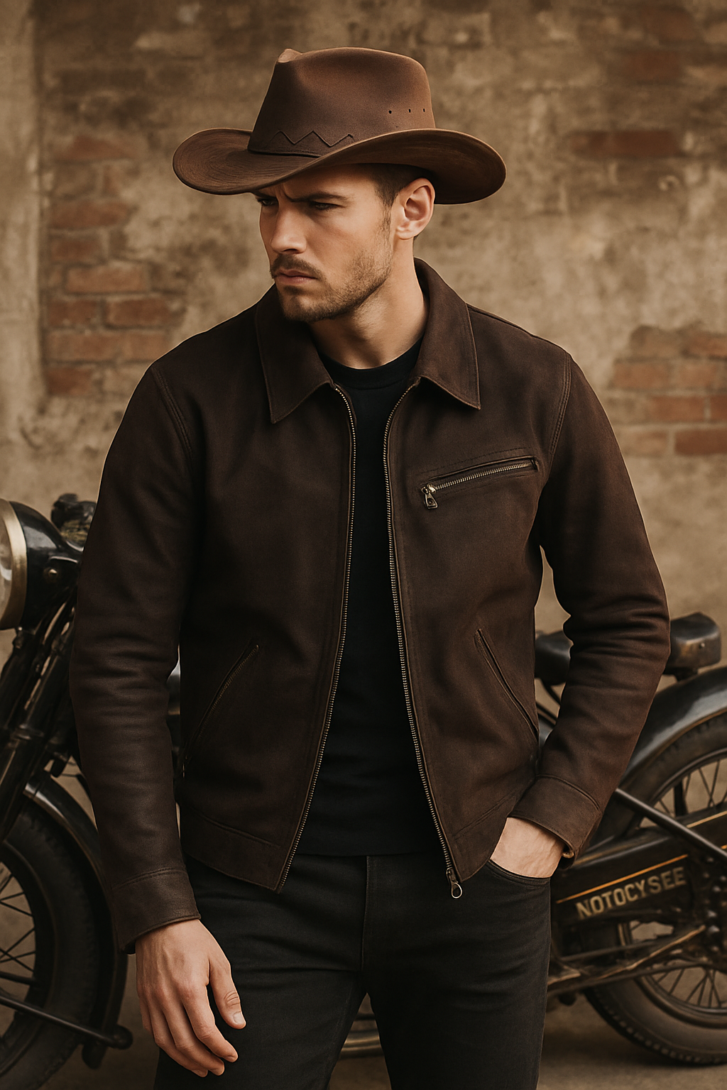 1930 Lapel Slim-fit vintage biker styled leather jacket for men