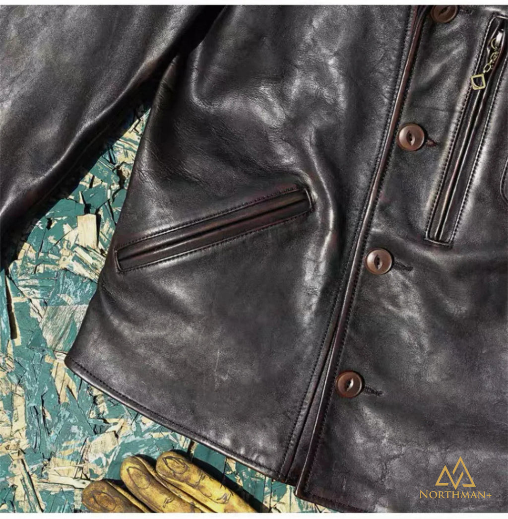 Veste en cuir véritable pour hommes en cuir de veau rétro américain classique des années 1940, à revers, en cuir de veau vieilli lavé "Tea Core"