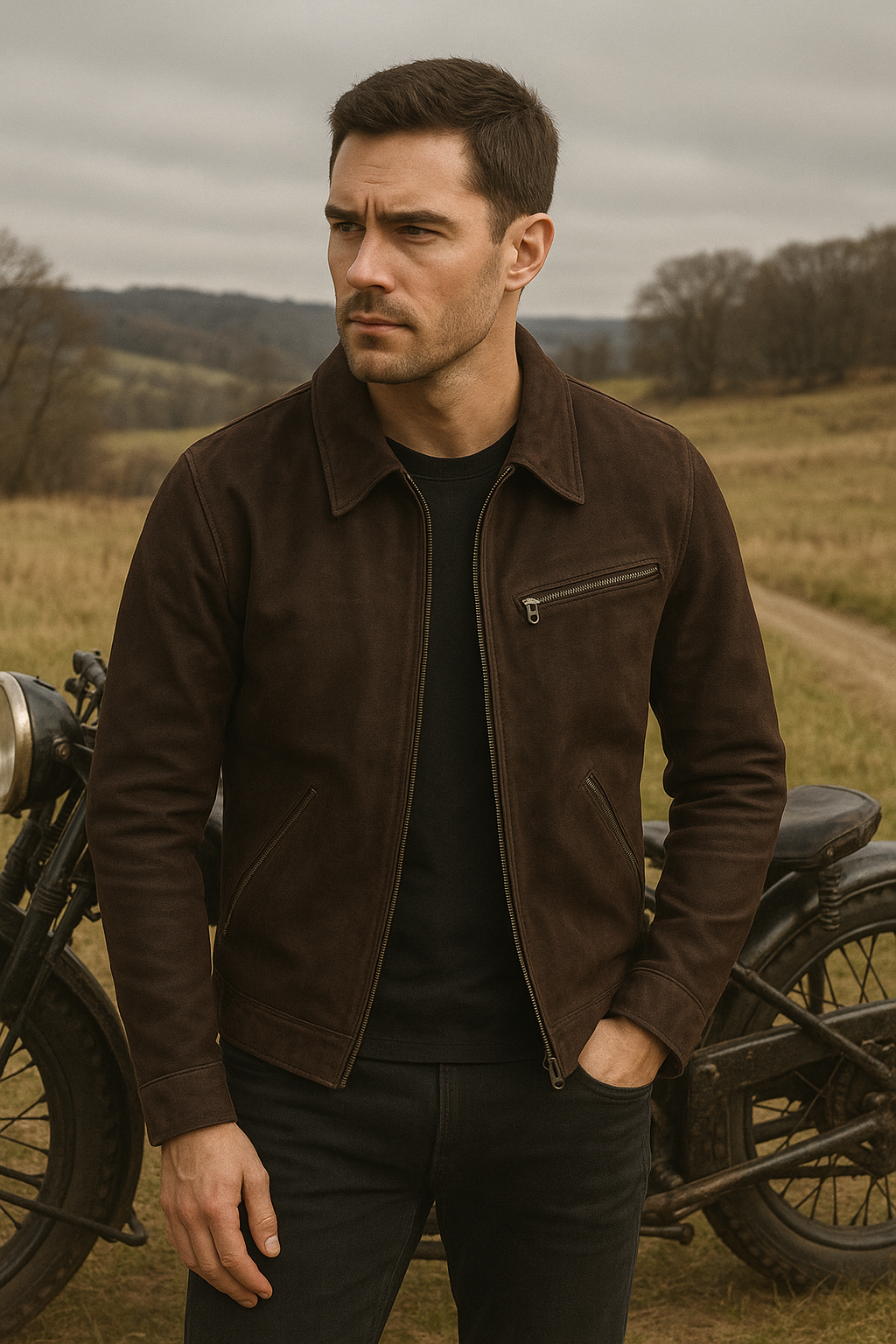 1930 Lapel Slim-fit vintage biker styled leather jacket for men