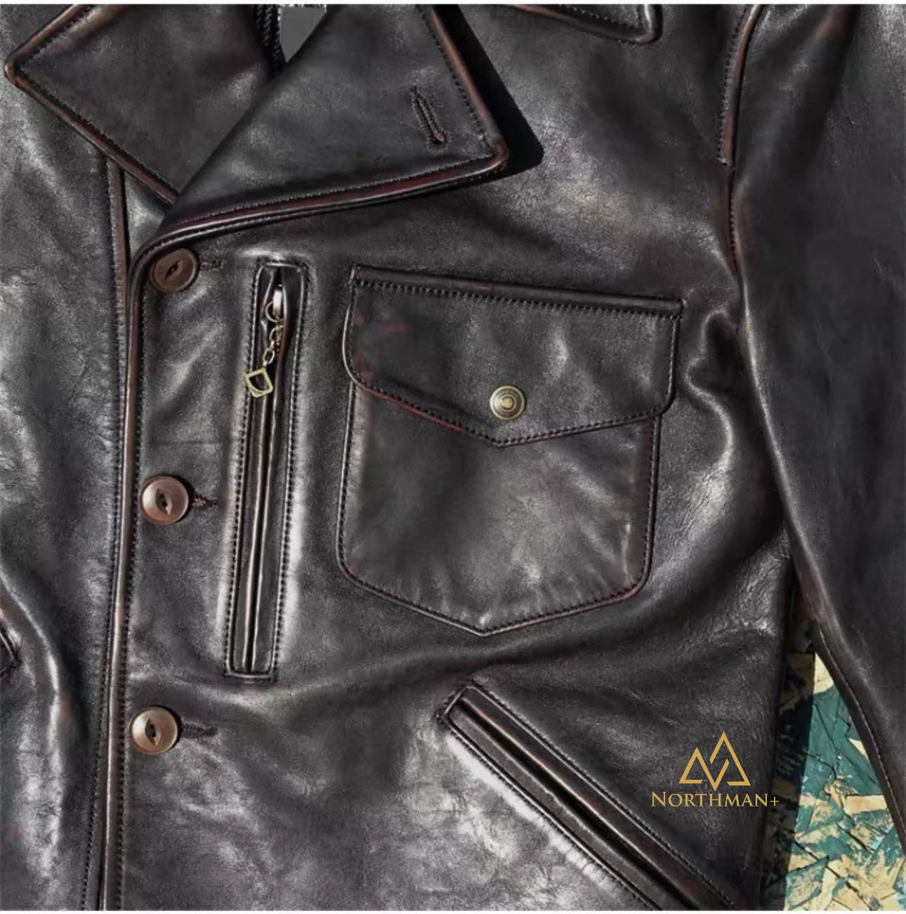 Veste en cuir véritable pour hommes en cuir de veau rétro américain classique des années 1940, à revers, en cuir de veau vieilli lavé "Tea Core"