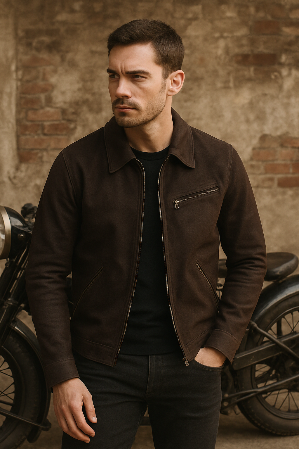 1930 Lapel Slim-fit vintage biker styled leather jacket for men