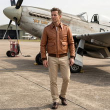 American Vintage Washed Aged Goatskin Jacket Men's A2 Bomber Jacket Lapel Flight Suit Genuine Leather Jacket