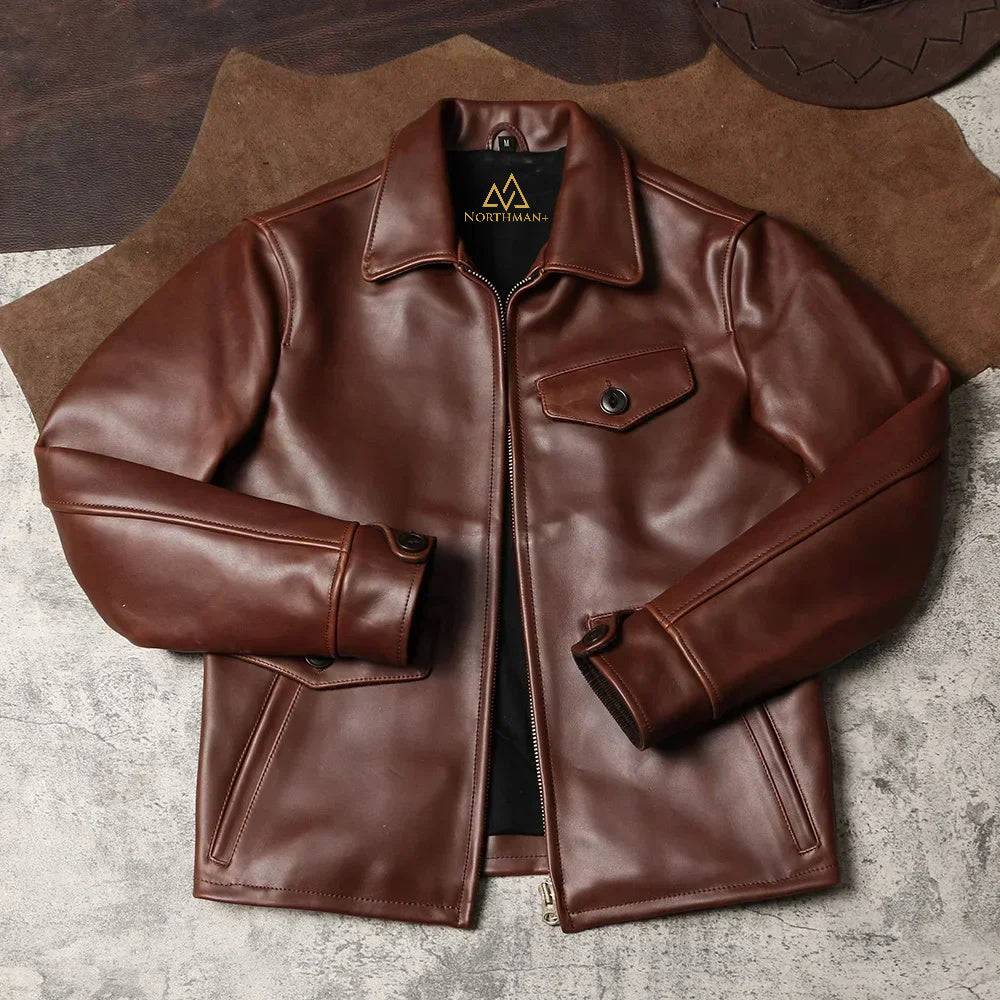 Blouson de moto en cuir de veau ciré NorthmanPlus Vintage pour homme, avec col à revers