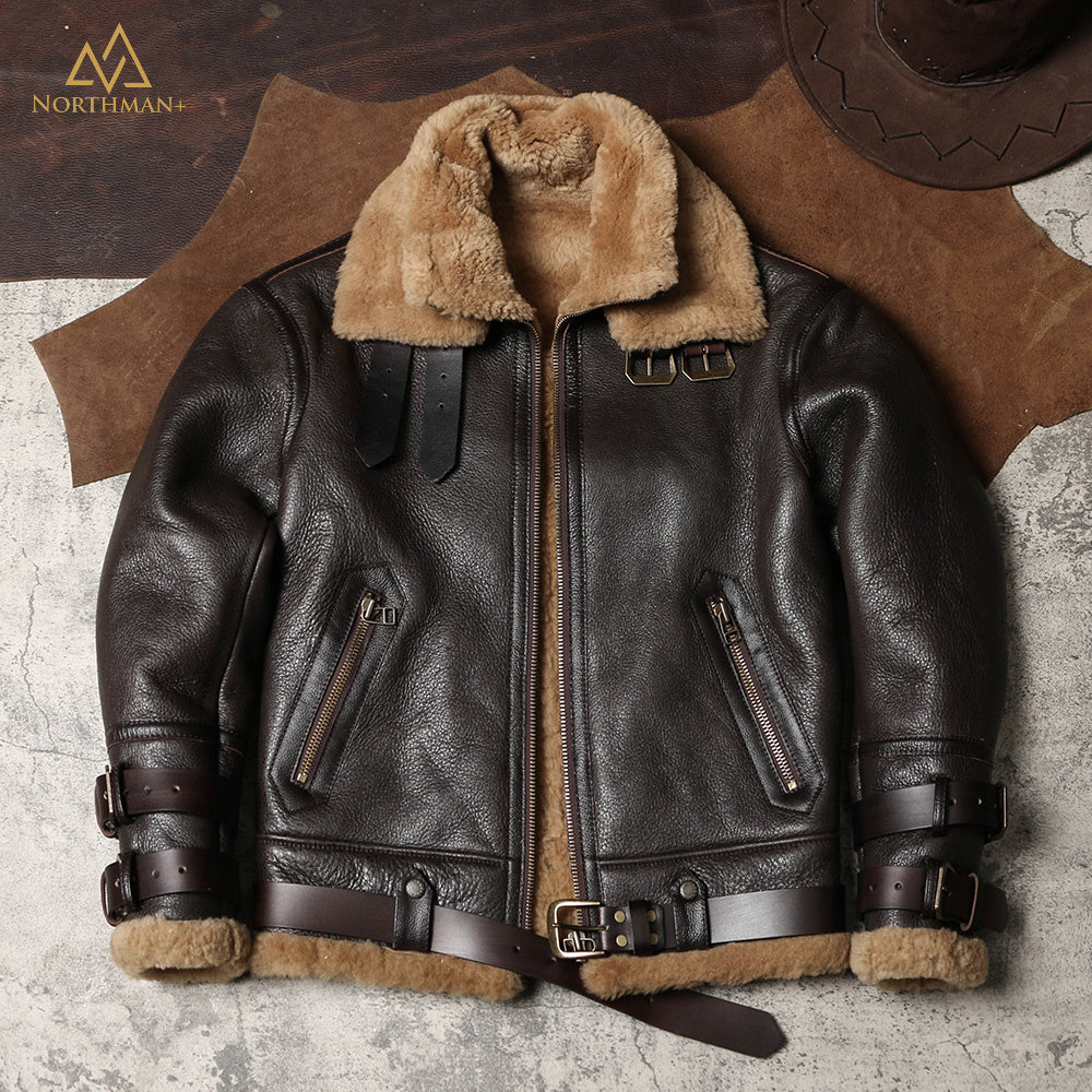 Blouson aviateur classique en cuir de mouton shearling B-3 par Northman+
