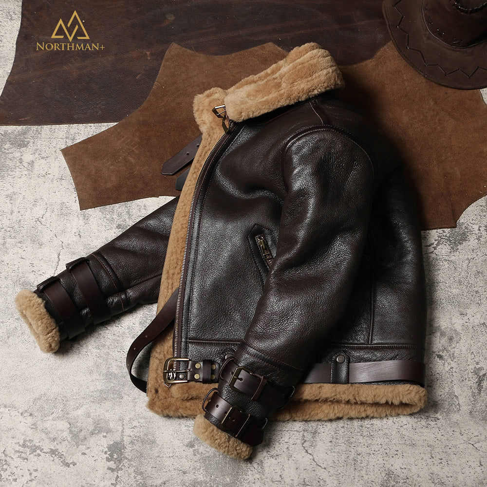 Blouson aviateur classique en cuir de mouton shearling B-3 par Northman+
