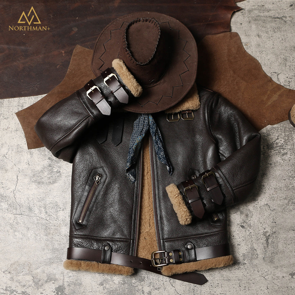 Blouson aviateur classique en cuir de mouton shearling B-3 par Northman+