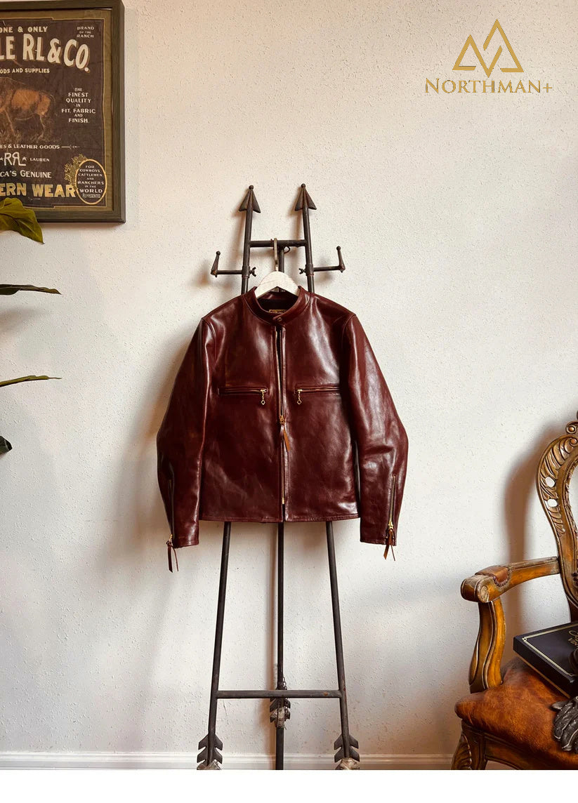 Blouson de motard style vintage japonais, col montant, en cuir de veau huilé et ciré bordeaux italien, inspiré du modèle classique J100