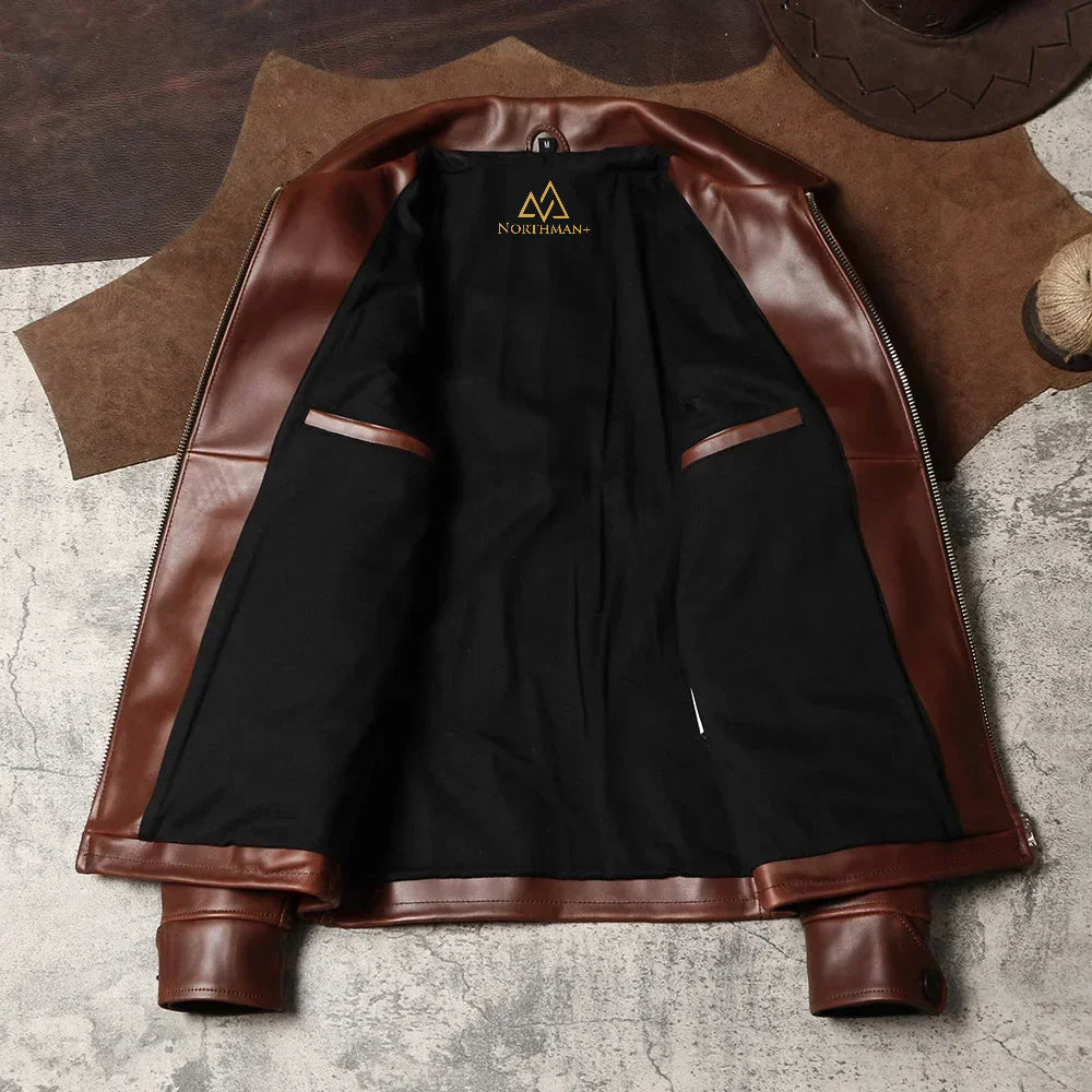 Blouson de moto en cuir de veau ciré NorthmanPlus Vintage pour homme, avec col à revers