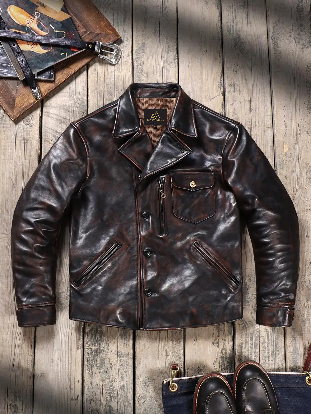 Veste en cuir véritable pour hommes en cuir de veau rétro américain classique des années 1940, à revers, en cuir de veau vieilli lavé "Tea Core"