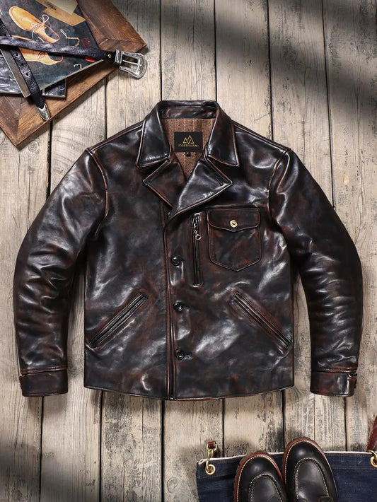 Washed Old Tea Core calfskin Leather 1940s Classic American Retro Lapel Men's Genuine Leather Jacket