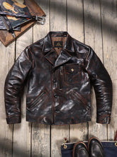 Washed Old Tea Core calfskin Leather 1940s Classic American Retro Lapel Men's Genuine Leather Jacket