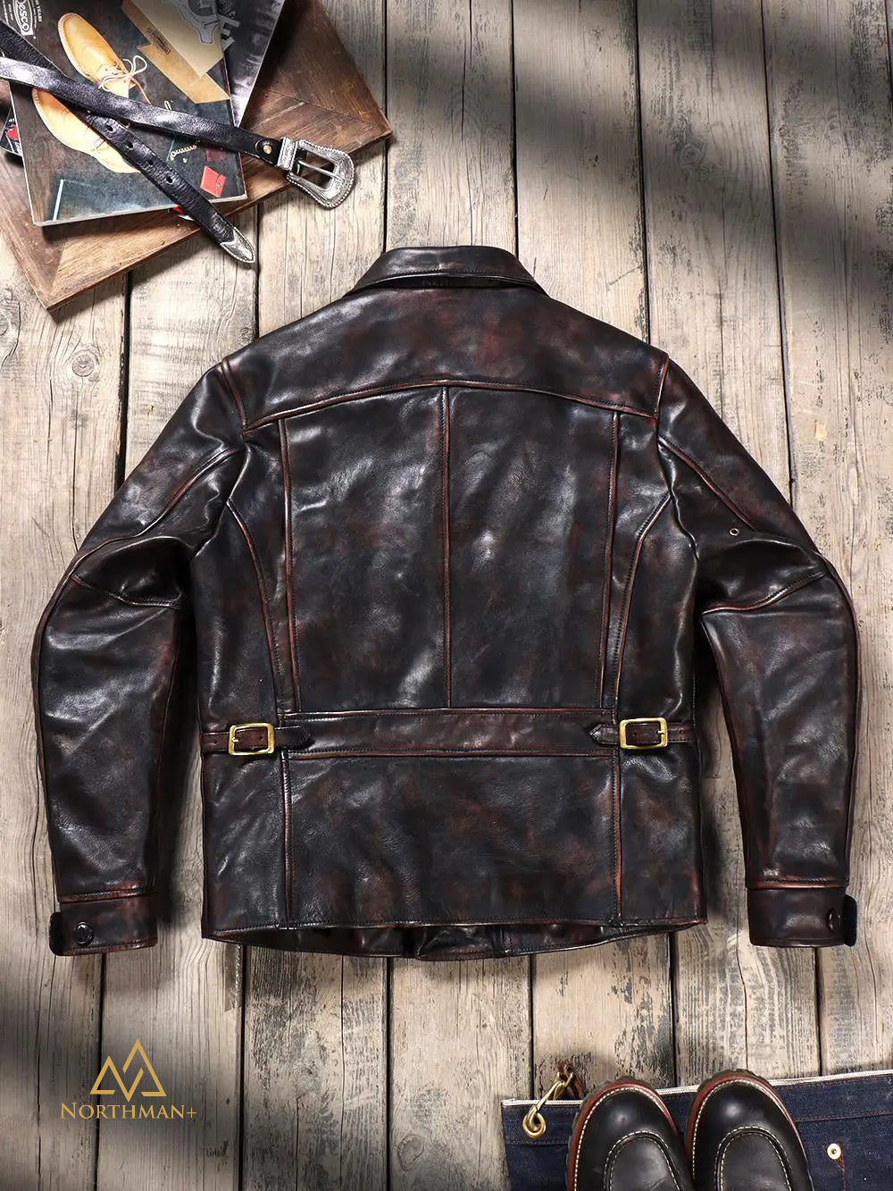 Veste en cuir véritable pour hommes en cuir de veau rétro américain classique des années 1940, à revers, en cuir de veau vieilli lavé "Tea Core"