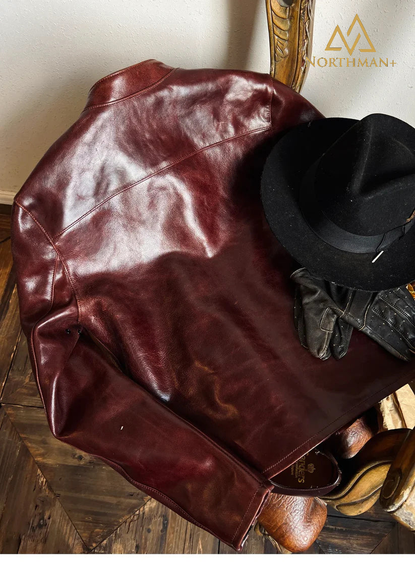 KLASSISCHE J100 INSPIRIERTE italienische bordeauxrote, geölte Kalbslederjacke im japanischen Vintage-Stil mit Stehkragen für Biker