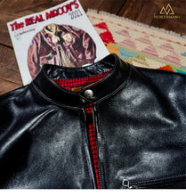 Blouson de motard style vintage japonais, col montant, en cuir de veau huilé et ciré bordeaux italien, inspiré du modèle classique J100