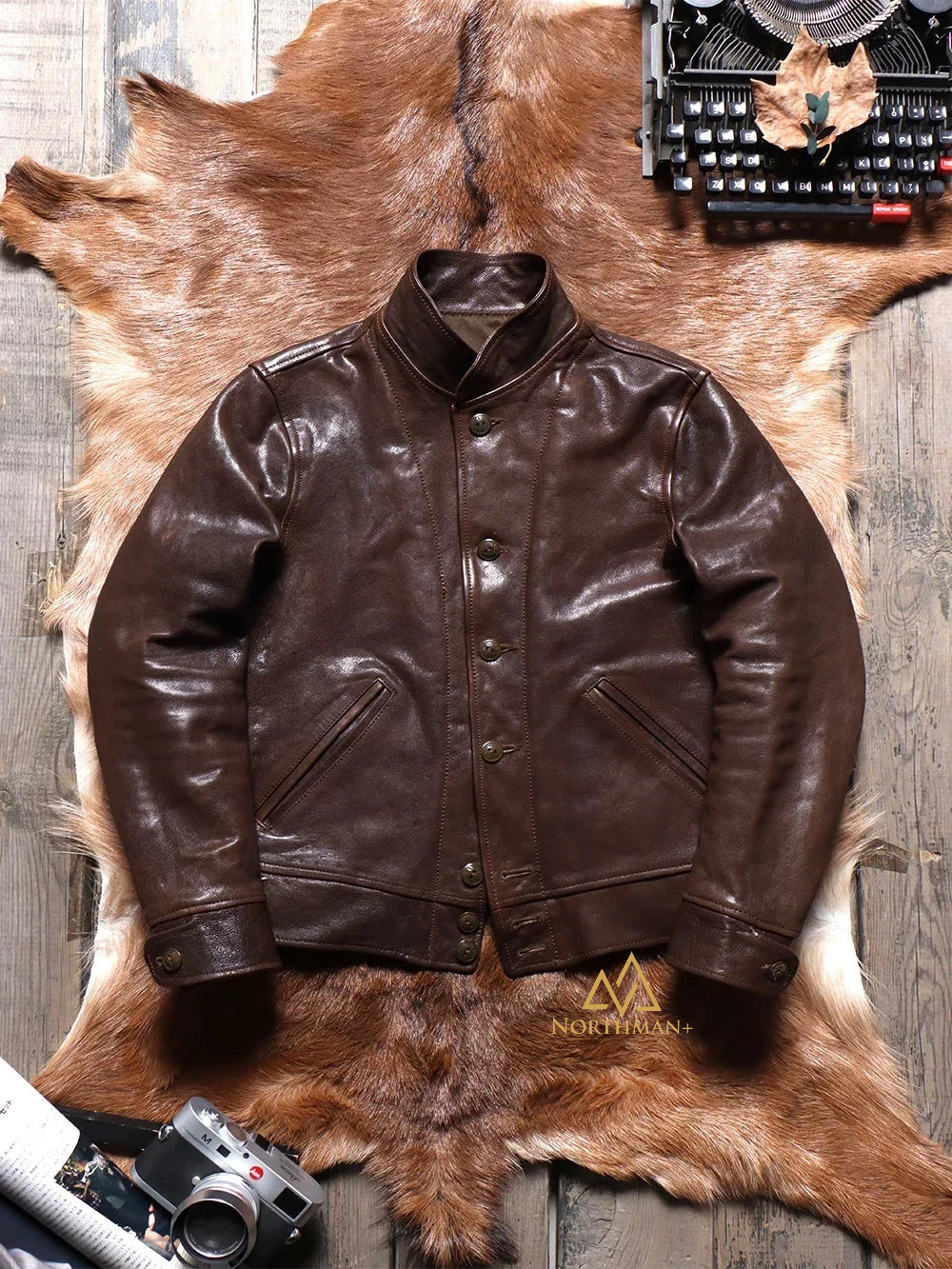 Veste vintage en cuir véritable pour homme NorthmanPlus en chèvre tannée végétalienne avec col en orge des Highlands