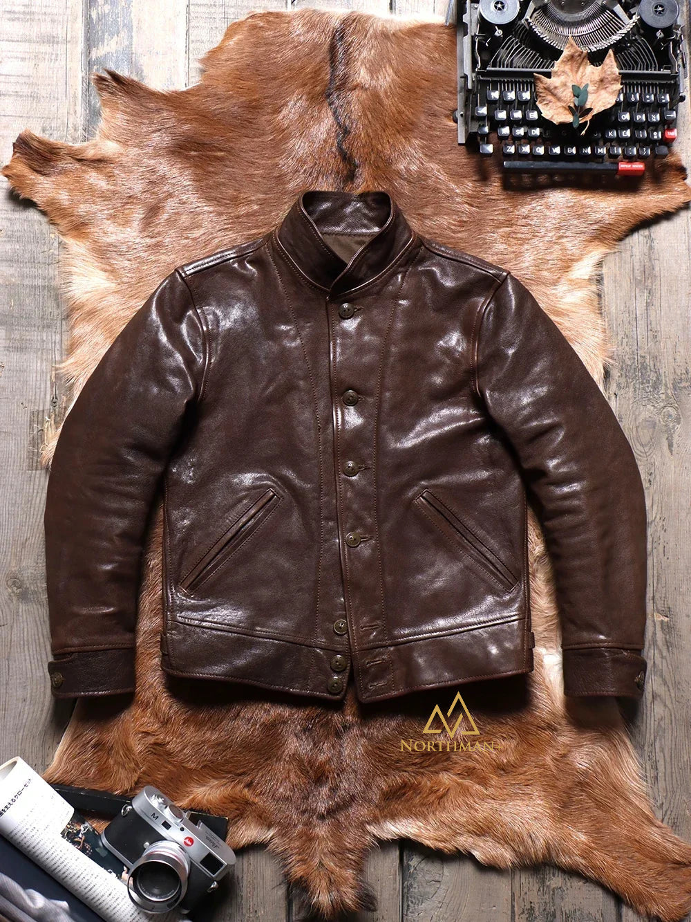 Veste vintage en cuir véritable pour homme NorthmanPlus en chèvre tannée végétalienne avec col en orge des Highlands