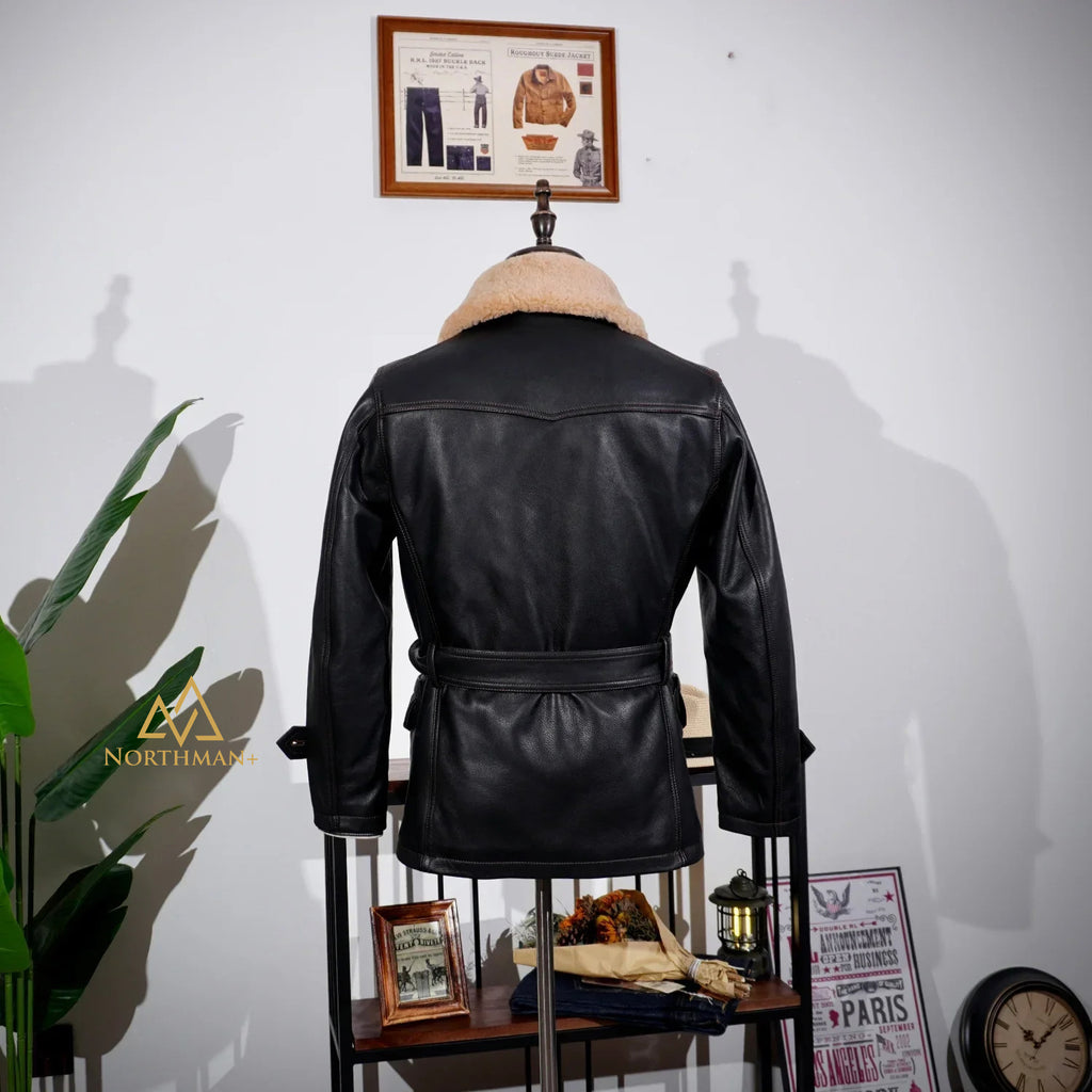 Manteau trench-coat classique Rancher en veau teinté NorthmanPlus pour homme avec ceinture amovible, col en laine véritable, croisé, 740
