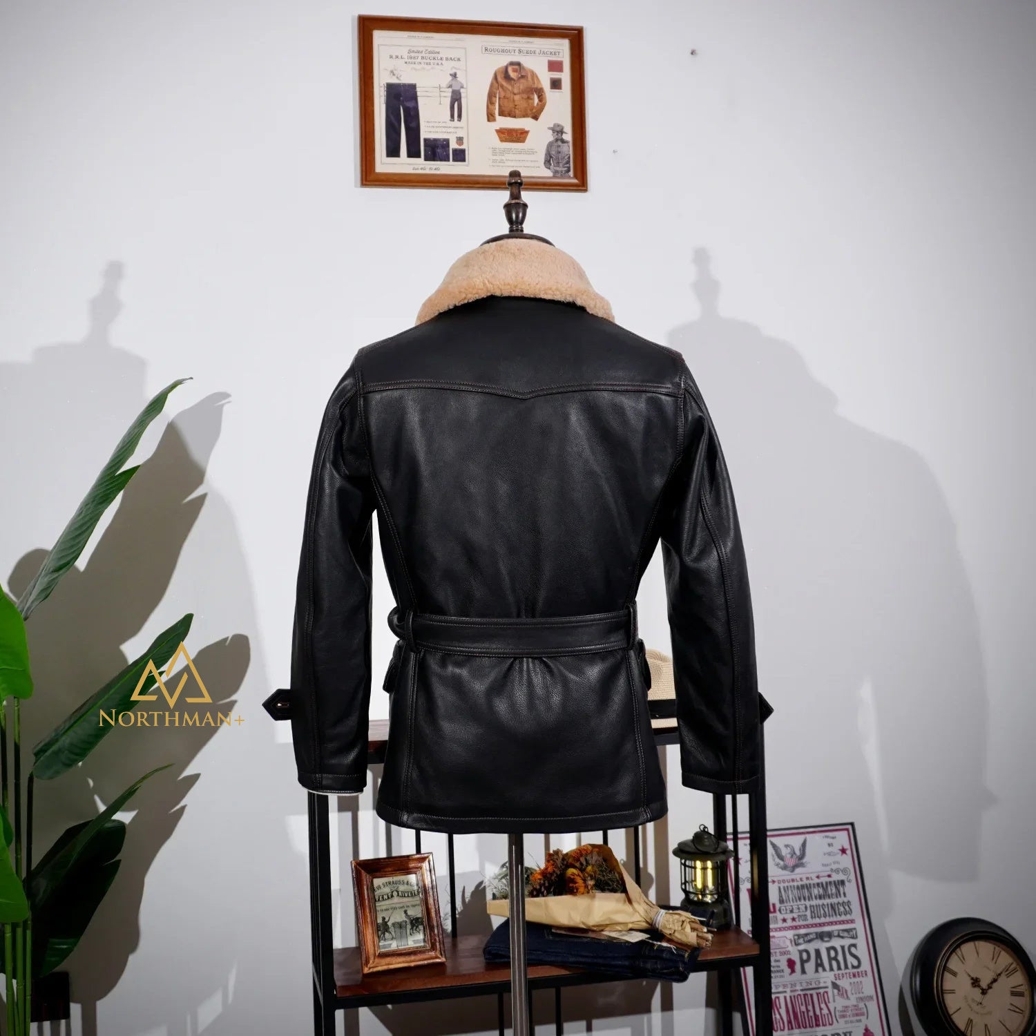 Manteau trench-coat classique Rancher en veau teinté NorthmanPlus pour homme avec ceinture amovible, col en laine véritable, croisé, 740