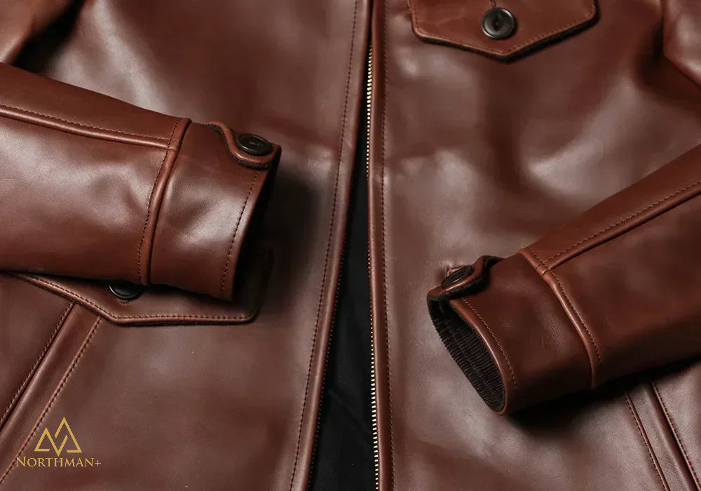 Blouson de moto en cuir de veau ciré NorthmanPlus Vintage pour homme, avec col à revers