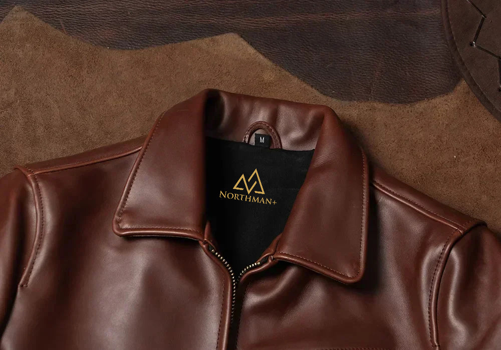 Blouson de moto en cuir de veau ciré NorthmanPlus Vintage pour homme, avec col à revers