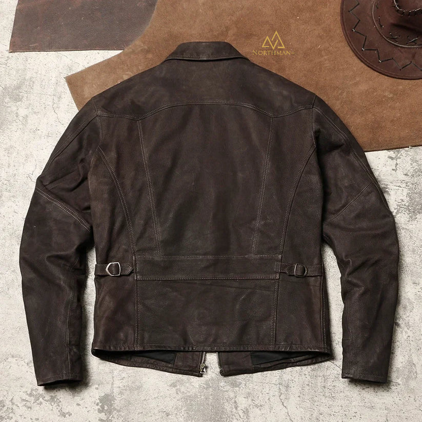 1930 Lapel Slim-fit vintage biker styled leather jacket for men