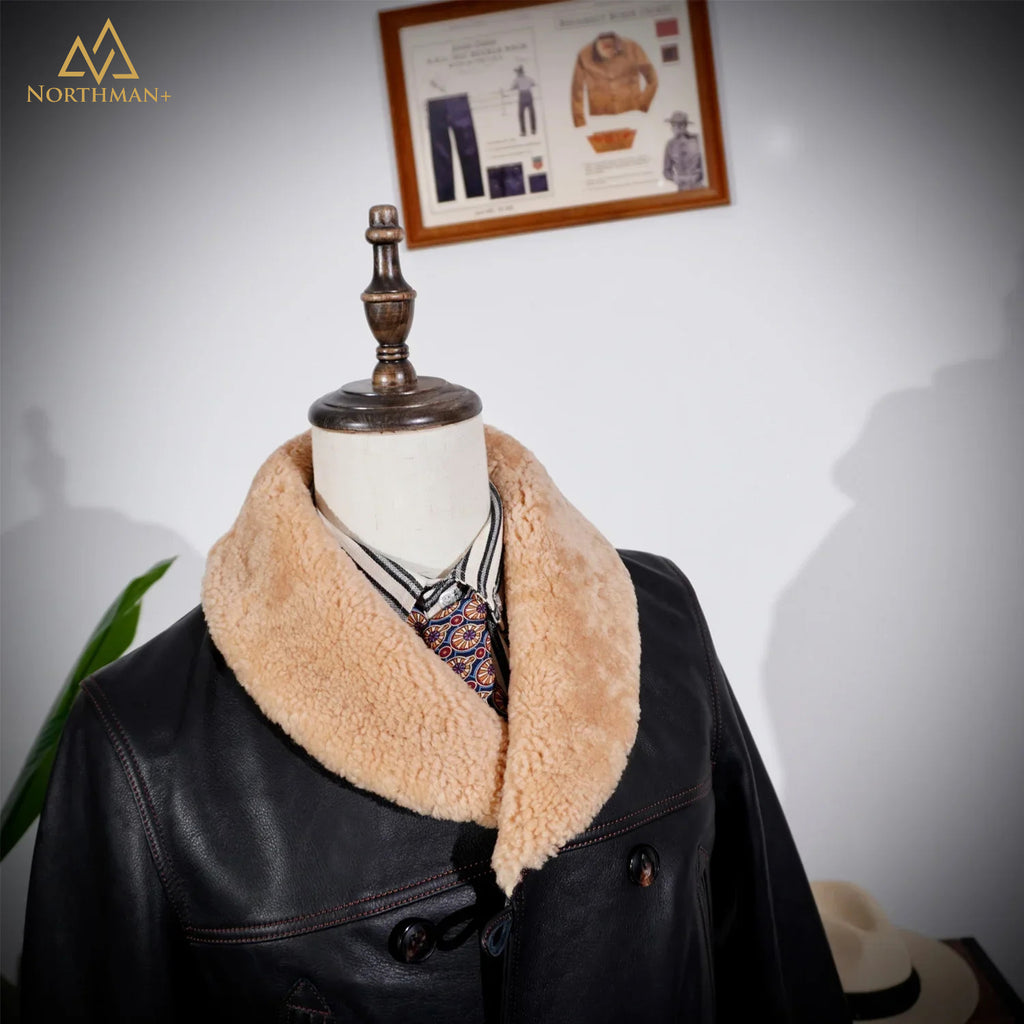Manteau trench-coat classique Rancher en veau teinté NorthmanPlus pour homme avec ceinture amovible, col en laine véritable, croisé, 740