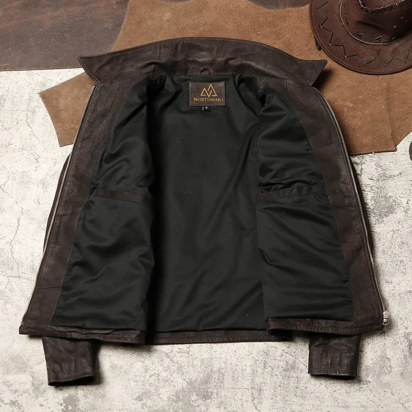 1930 Lapel Slim-fit vintage biker styled leather jacket for men