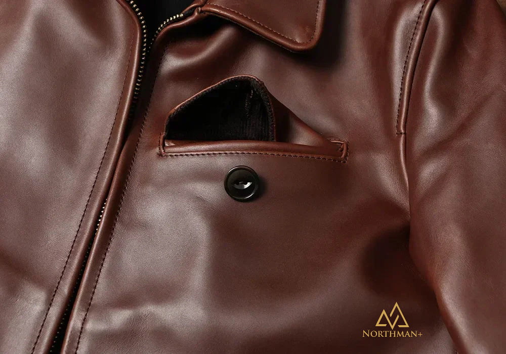 Blouson de moto en cuir de veau ciré NorthmanPlus Vintage pour homme, avec col à revers