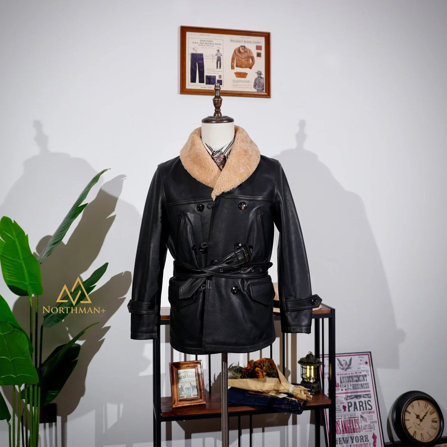 Manteau trench-coat classique Rancher en veau teinté NorthmanPlus pour homme avec ceinture amovible, col en laine véritable, croisé, 740