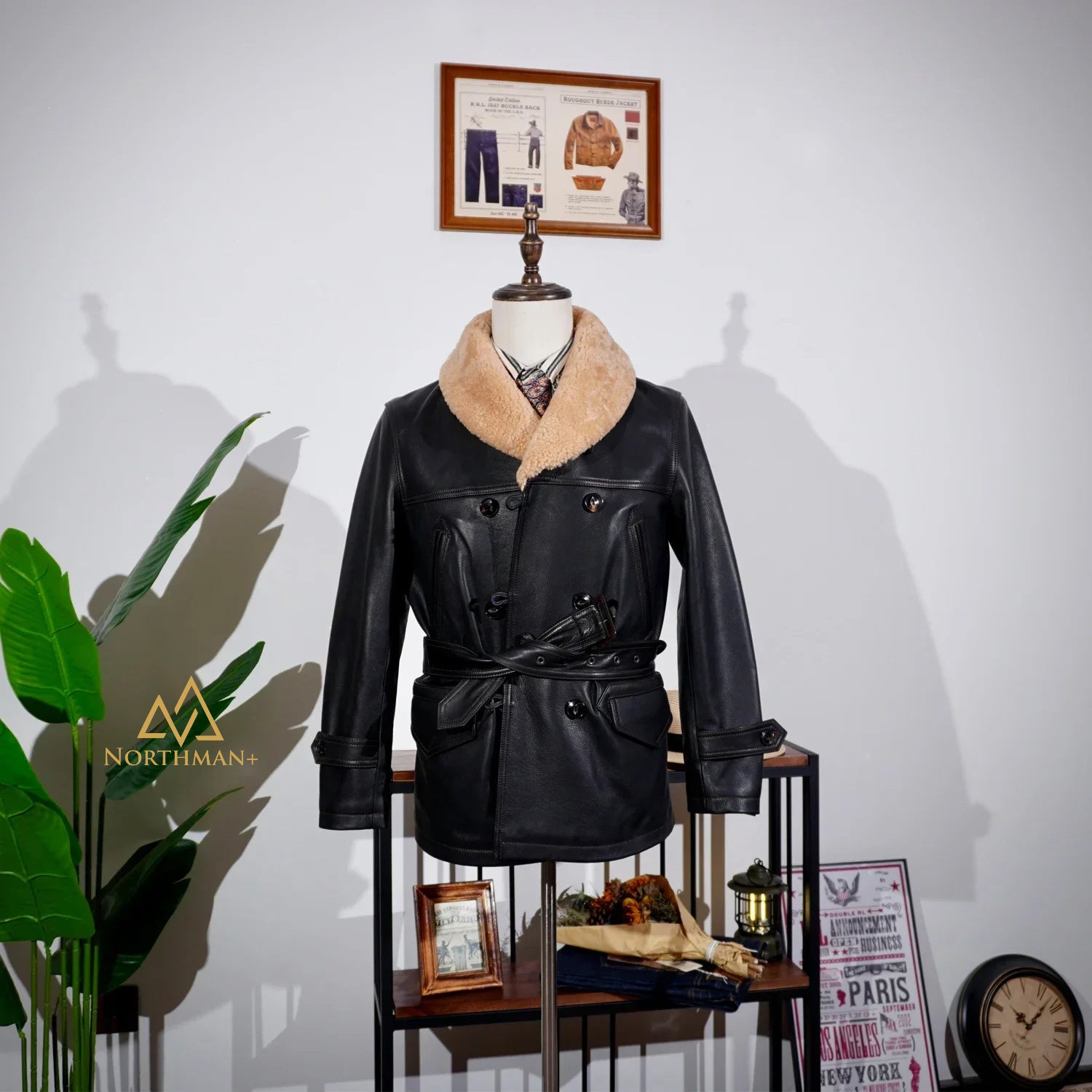 Manteau trench-coat classique Rancher en veau teinté NorthmanPlus pour homme avec ceinture amovible, col en laine véritable, croisé, 740