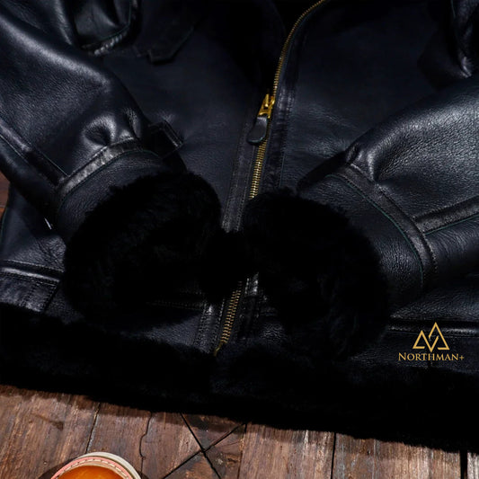 Classic B-3 Sheepskin Shearling Leather Bomber Jacket in Black by Northman+