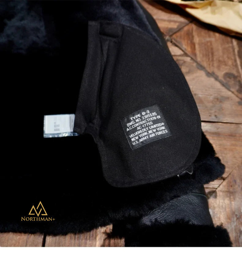Blouson aviateur classique en cuir de mouton retourné B-3 noir par Northman+