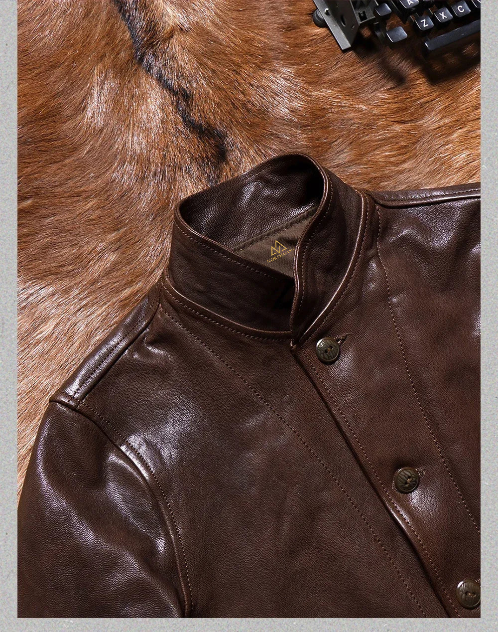 Veste vintage en cuir véritable pour homme NorthmanPlus en chèvre tannée végétalienne avec col en orge des Highlands