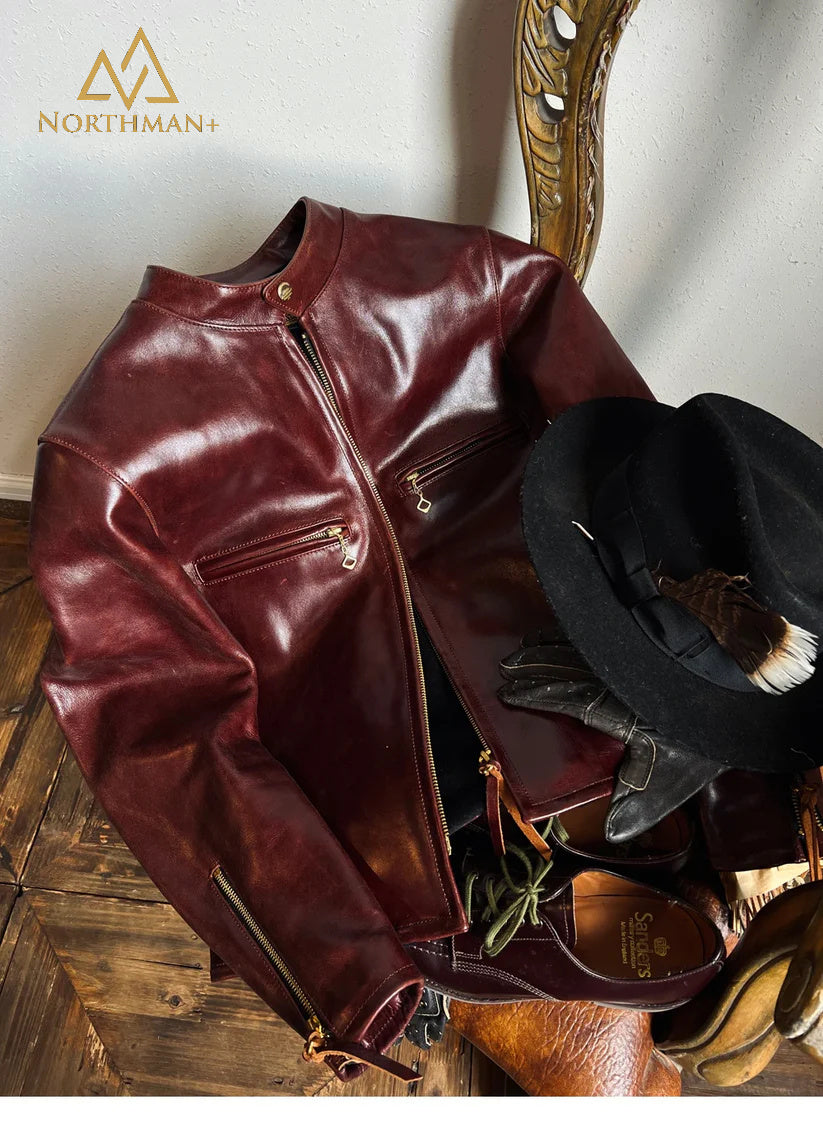 Blouson de motard style vintage japonais, col montant, en cuir de veau huilé et ciré bordeaux italien, inspiré du modèle classique J100