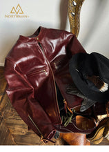 CLASSIC J100 INSPIRED Italian Burgundy Oil Waxed calfskin Leather Japanese Vintage Standing Collar Biker Jacket