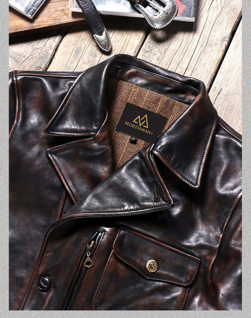 Veste en cuir véritable pour hommes en cuir de veau rétro américain classique des années 1940, à revers, en cuir de veau vieilli lavé "Tea Core"
