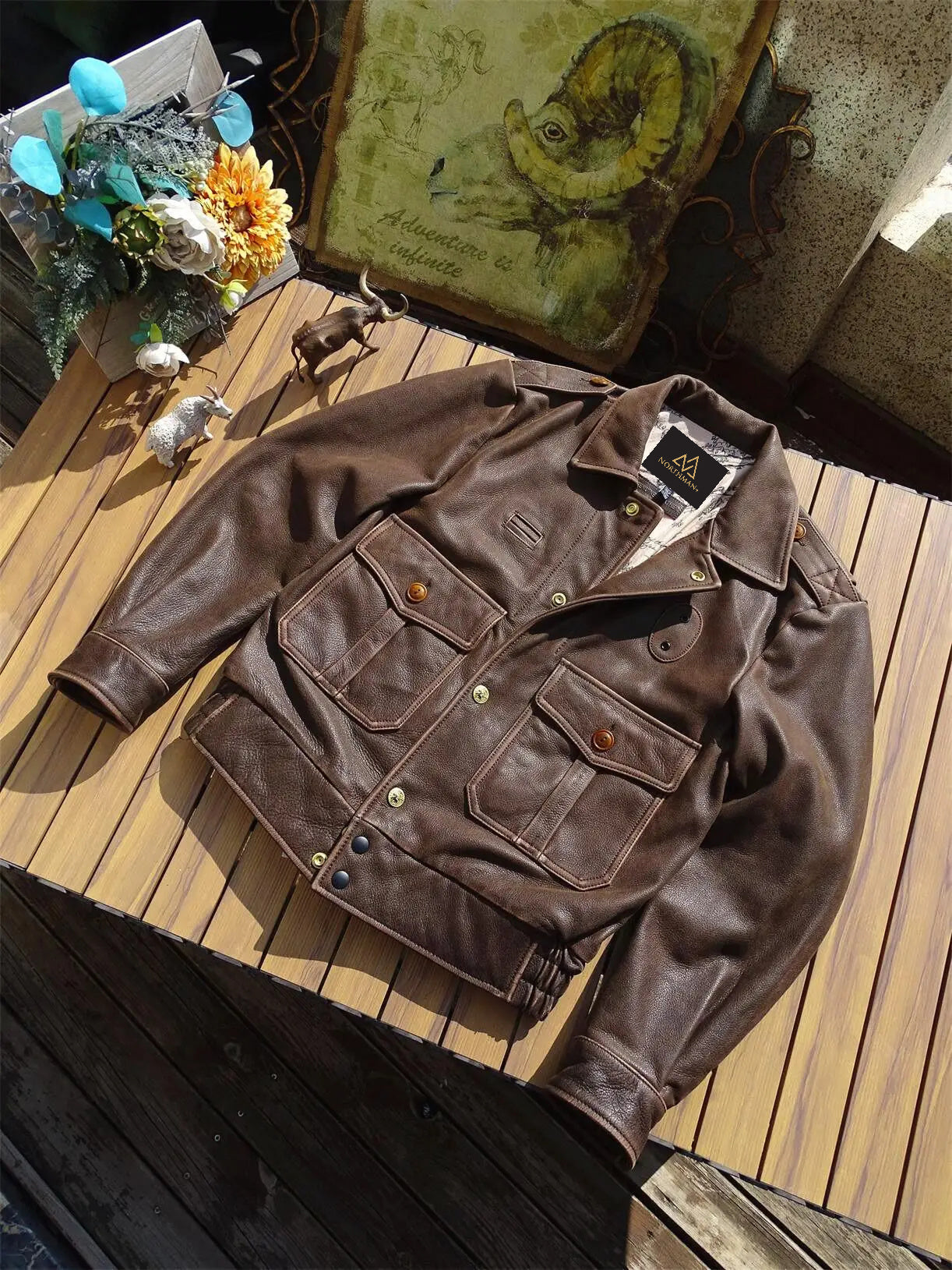Blouson de motard NorthmanPus en cuir de veau pleine fleur brossé « California Ranger American Vintage » pour homme