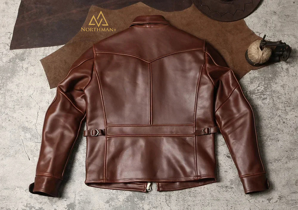 NorthmanPlus Vintage Men's Lapel Collar Heavy-duty Wax Dyed CalfSkin Motorcycle Leather Jacket