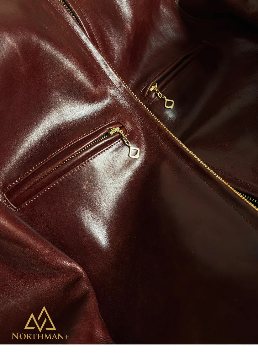 KLASSISCHE J100 INSPIRIERTE italienische bordeauxrote, geölte Kalbslederjacke im japanischen Vintage-Stil mit Stehkragen für Biker