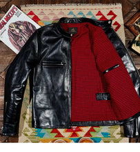 Blouson de motard style vintage japonais, col montant, en cuir de veau huilé et ciré bordeaux italien, inspiré du modèle classique J100