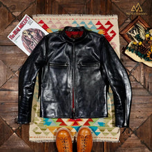 Blouson de motard style vintage japonais, col montant, en cuir de veau huilé et ciré bordeaux italien, inspiré du modèle classique J100