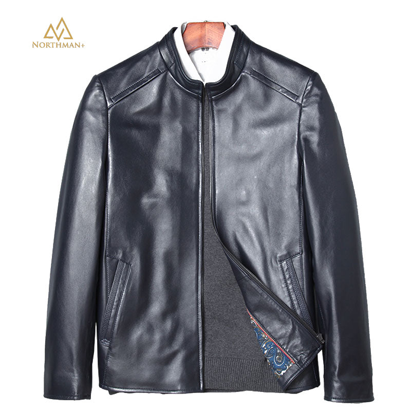 Classic leather jacket in Navy Blue for Men.