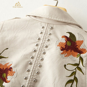 White embroidered leather jacket for women