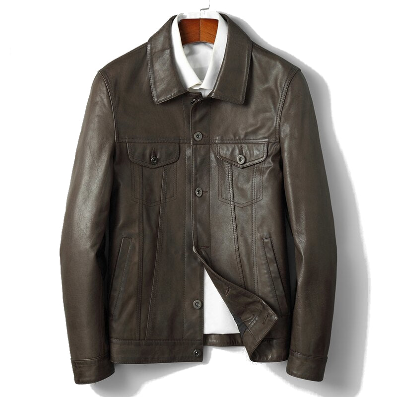 Blouson boutonné en cuir olive