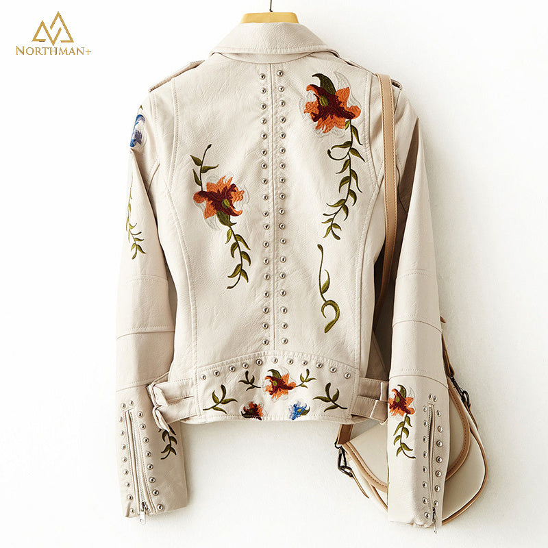 White embroidered leather jacket for women