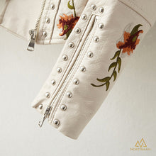 White embroidered leather jacket for women