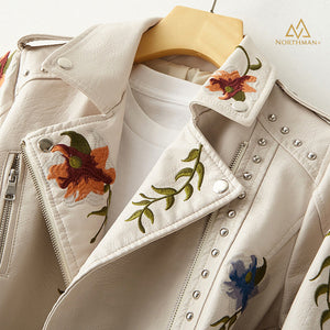 White embroidered leather jacket for women