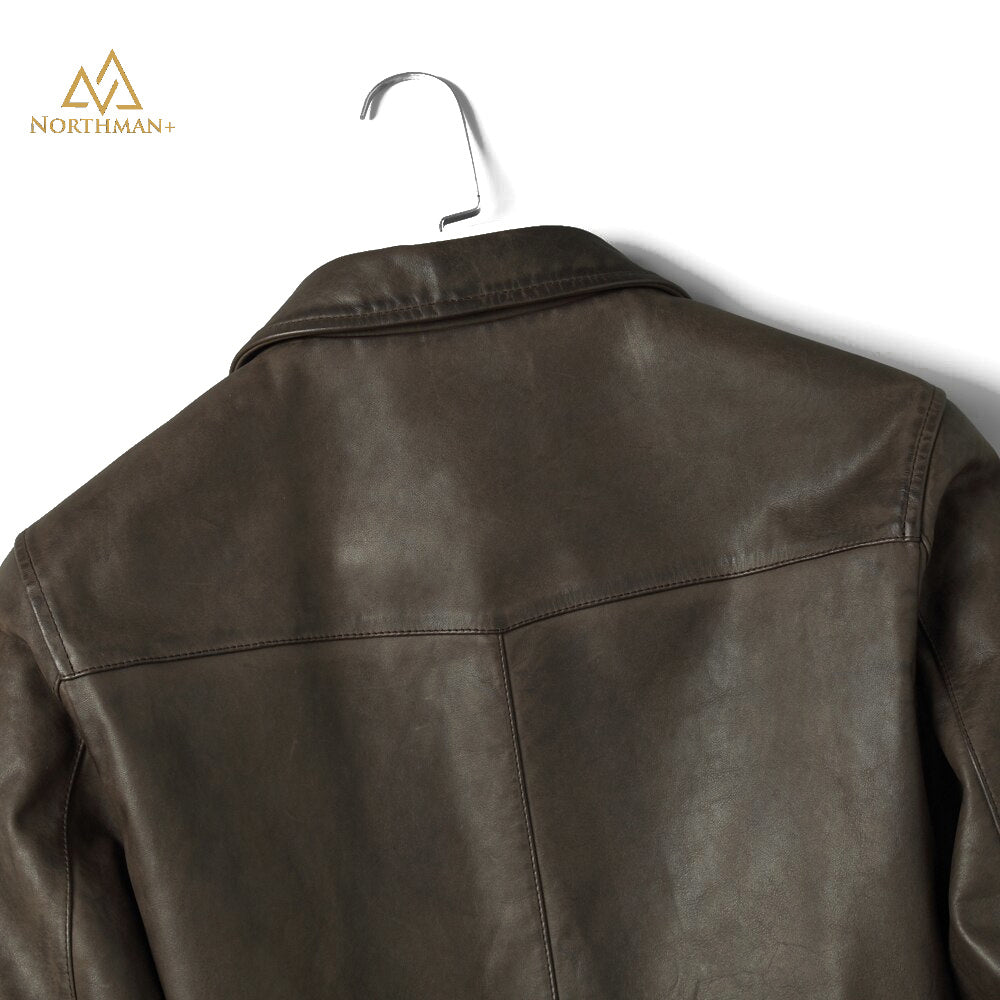 Blouson boutonné en cuir olive